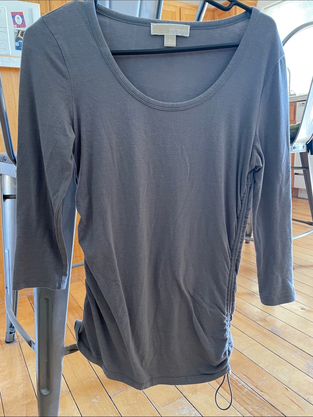 Michael Kors Charcoal Gray Scoop-Neck Long Sleeve Top with Side Drawcord